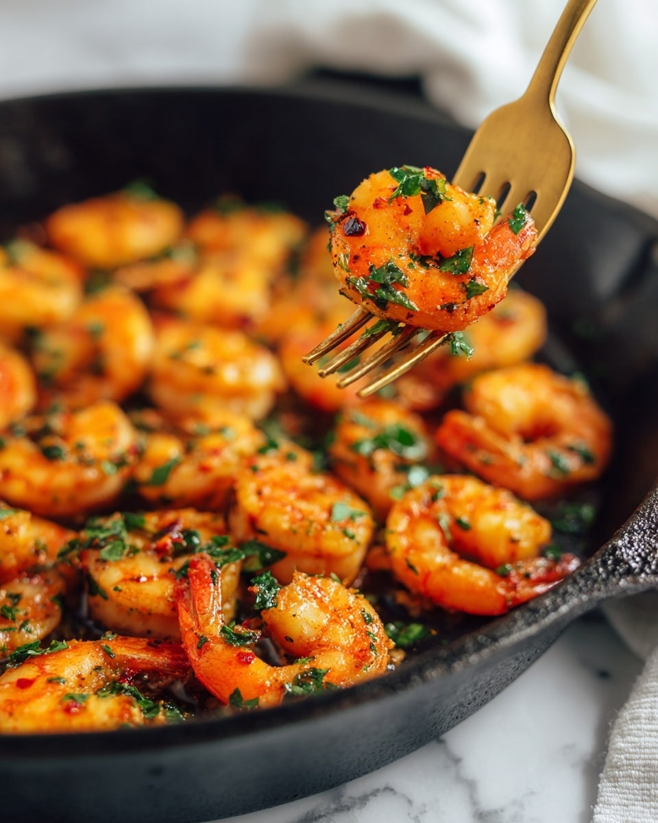 A close-up view of a black cast iron skillet filled with cooked shrimp that are orange with a slight char, sprinkled with small green herb pieces like parsley or cilantro. In the foreground, a gold fork holds three shrimp, each glistening with a light sauce and showing bits of red chili flakes and green herbs on top. The skillet background is slightly blurred, focusing on the shrimp on the fork. The setting is on a white marbled surface. photo taken with an iphone --ar 4:5 --v 7