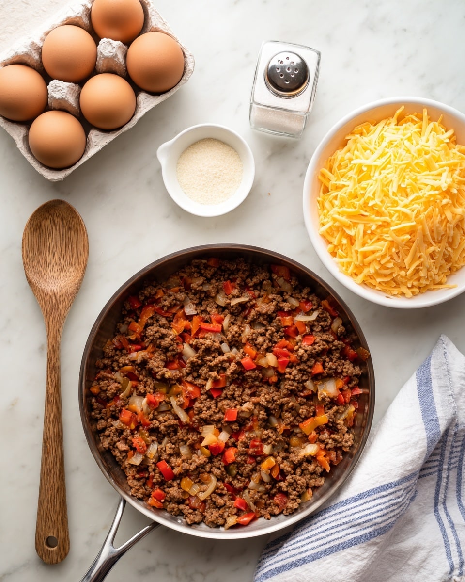 A stainless steel pan at the bottom right filled with cooked ground meat mixed with small orange-red and translucent white diced vegetables, mostly bell peppers and onions, sits on a white marbled surface. At the top right, there is a white bowl heaped with shredded yellow cheese. A small white bowl with a pale powdery ingredient and a tilted glass salt shaker with a metal lid are nearby. At the top left, a white egg carton holds six brown eggs. A wooden spoon is placed vertically on the left side, and a white cloth with blue stripes is partially visible at the bottom right corner. Photo taken with an iphone --ar 4:5 --v 7