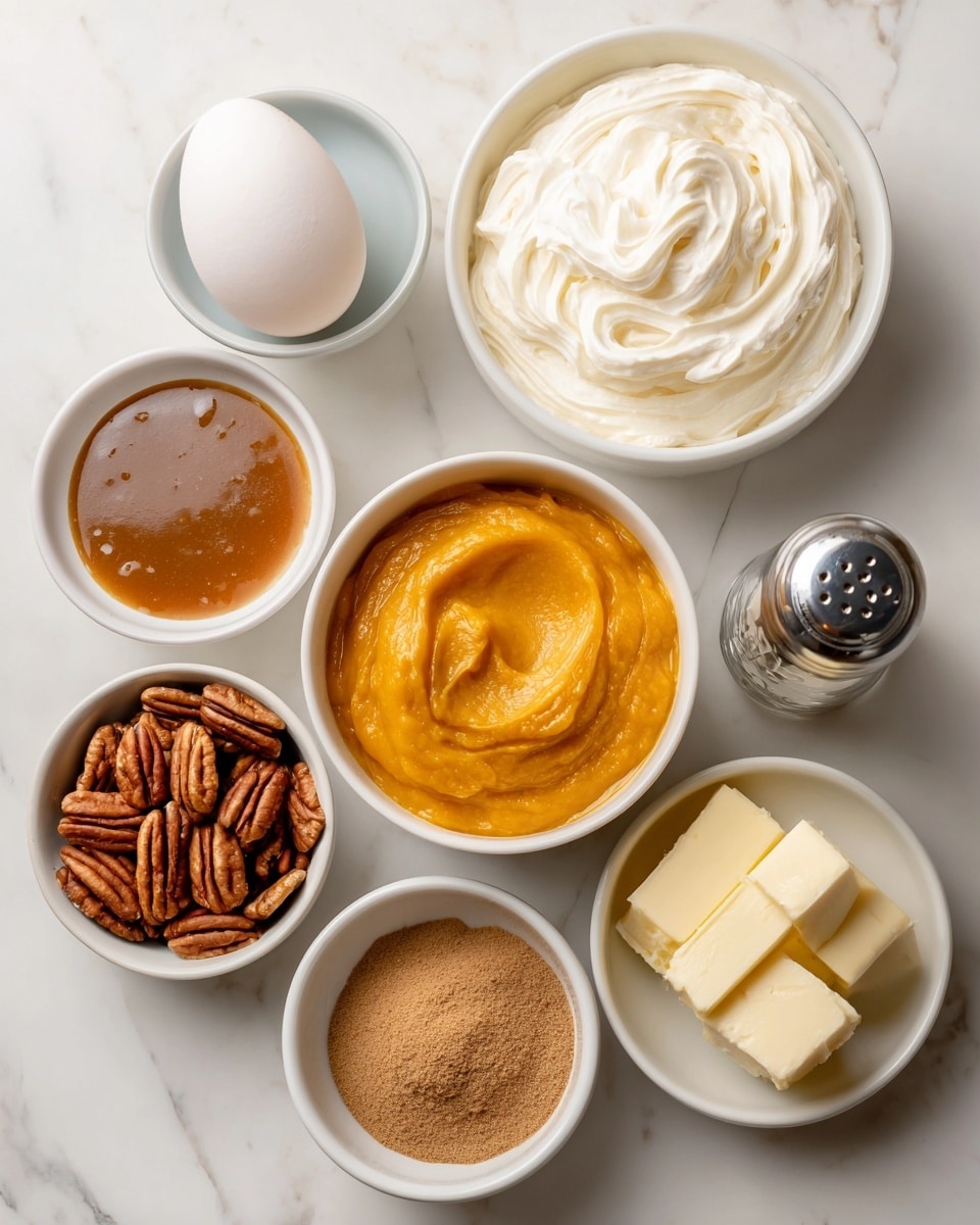 The image shows seven small white bowls and one white cup arranged on a white marbled surface. The top left bowl contains a single white egg. Next to it on the right is a white bowl filled with thick, creamy white cream cheese frosting, swirled neatly. Below the egg is a white cup filled with bright orange pumpkin purée with a smooth texture and some swirls on the surface. To the left of the pumpkin purée is a small white bowl filled with caramel sauce, which is shiny and smooth with some bubbles on top. Below the caramel sauce is a white bowl holding several pecan halves that are brown and textured. Next to the pecans is a bowl with three chunks of pale yellow butter. To the left of the butter is a white bowl containing pumpkin pie spice powder that is brown and finely ground. In the bottom right corner, there is a salt shaker with a metal top. In the top left corner, a paper bag labeled as spice cake mix lies on the surface. photo taken with an iphone --ar 4:5 --v 7