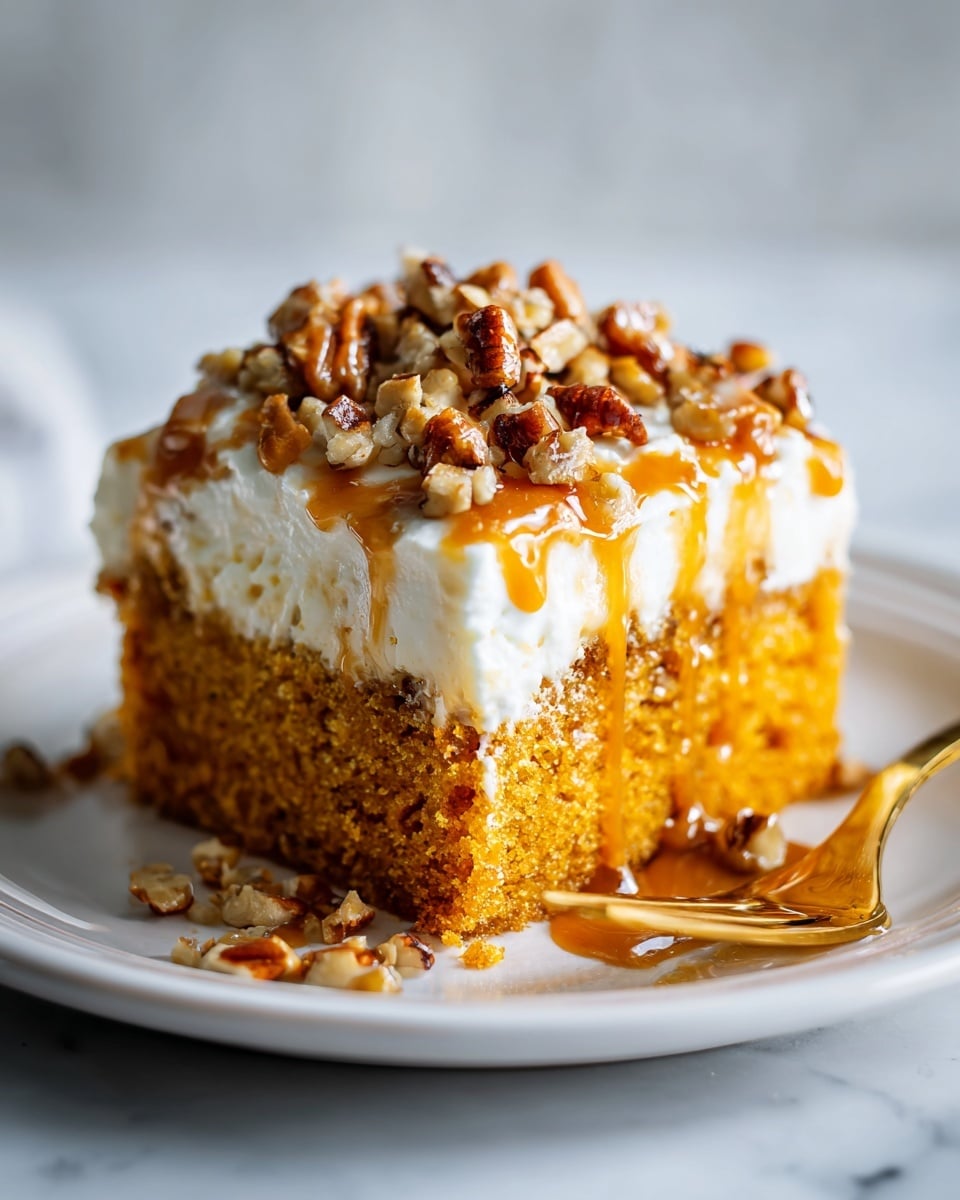 A square piece of moist, crumbly orange cake sits on a white plate with a white marbled background. The cake has a thick, creamy white frosting layer on top that slightly drips down the sides. On top of the frosting is a scattering of chopped pecans for texture and a drizzle of shiny caramel sauce flows over the nuts and edges, pooling slightly on the plate. A gold fork is placed next to the cake on the plate. Photo taken with an iphone --ar 4:5 --v 7