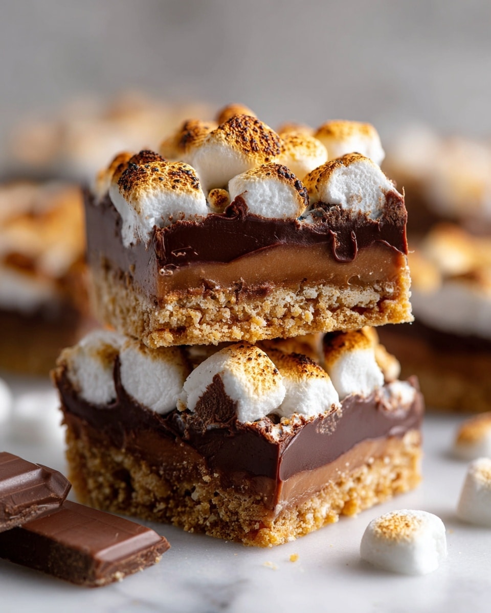 A close-up view shows a stack of three s'mores bars placed on a white marbled surface. Each bar has three layers: the bottom layer is a crumbly, golden-brown graham cracker base; the middle layer is thick, smooth, and glossy milk chocolate; the top layer consists of toasted mini marshmallows that are fluffy with light golden brown spots. The stack is slightly uneven, giving a casual, homemade feel. A piece of chocolate bar lies broken near the base. The background is softly blurred, focusing attention on the bars, . Photo taken with an iphone --ar 4:5 --v 7