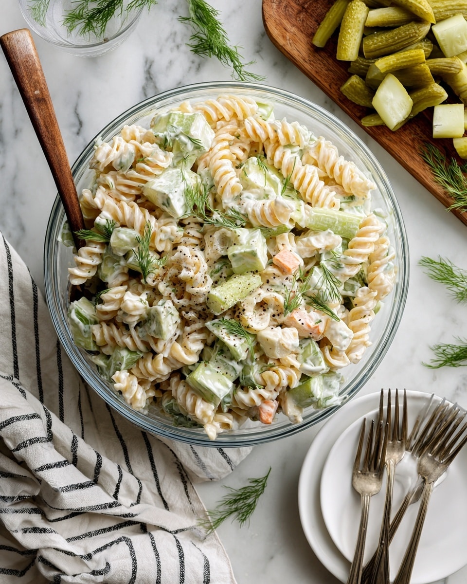 A clear glass bowl filled with creamy pasta salad made of spiral rotini pasta mixed with chunks of light green pickles and small pieces of pale orange cheese, all coated in a white dressing with specks of black pepper and fresh green dill sprinkled on top. Around the bowl, there are fresh dill sprigs and a wooden board with larger pieces of chopped pickles. A white plate with two forks is also visible on a white marbled surface along with a white cloth with black stripes. photo taken with an iphone --ar 4:5 --v 7