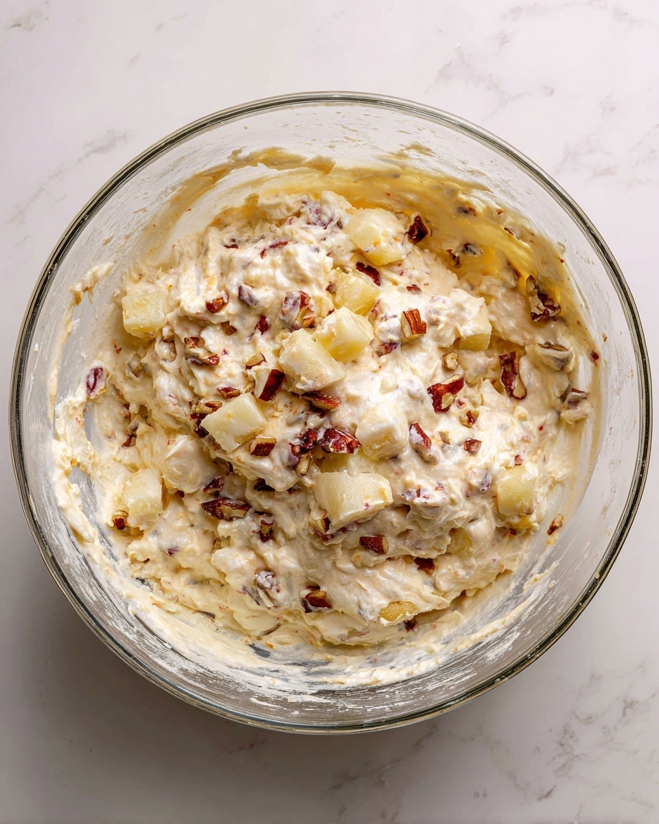 A close-up view of a clear glass bowl filled with a mixture of light creamy batter that contains chunks of pale yellow fruit and small pieces of reddish-brown nuts scattered on top. The batter has a thick, slightly lumpy texture with pieces unevenly mixed in, with the nuts adding a crunchy feel. The bowl is set on a white marbled surface, and the background shows thick batter residue on the inside edge of the bowl. Photo taken with an iphone --ar 4:5 --v 7