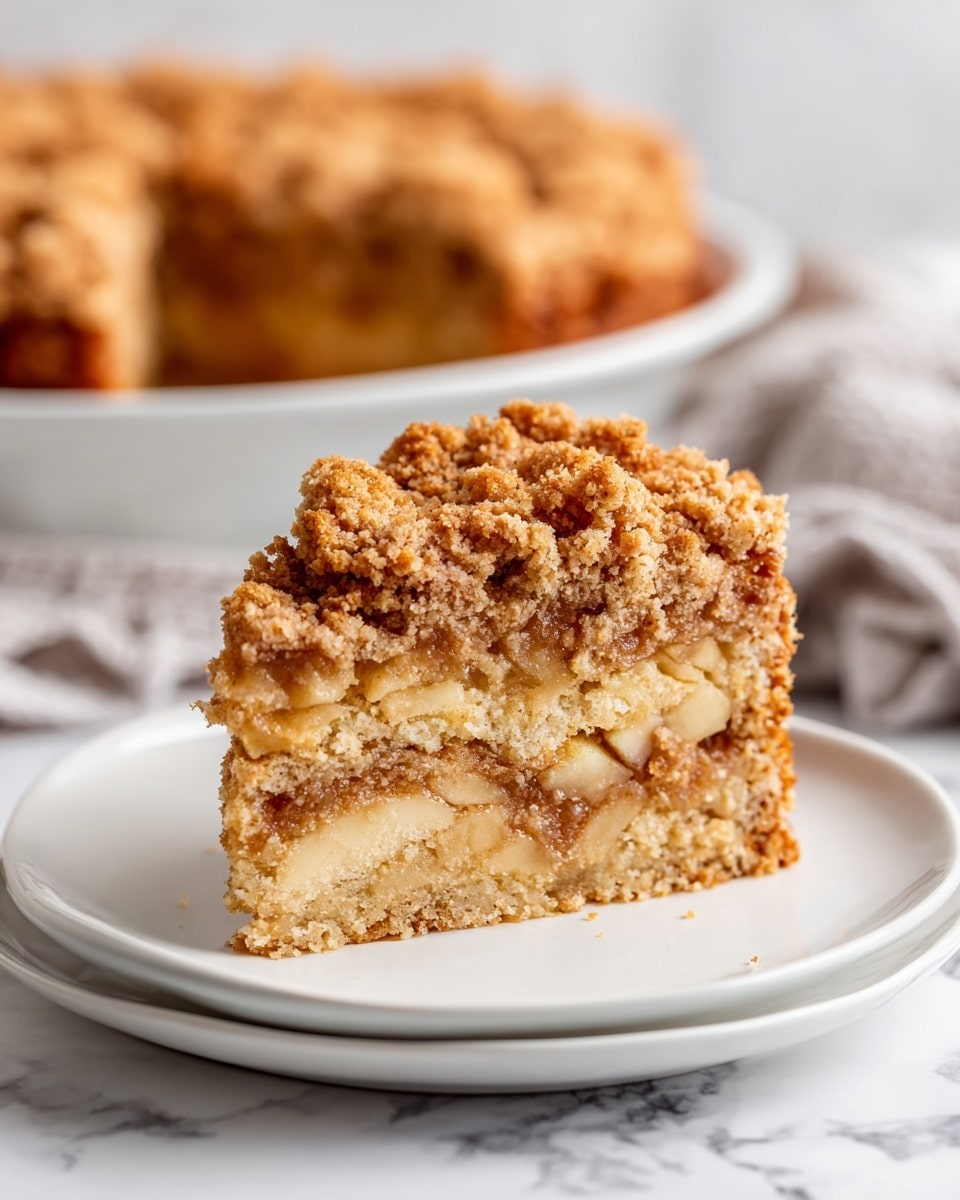 A single slice of crumb cake is on a white plate, placed on a white marbled surface with a light gray and white cloth nearby. The slice shows three layers: a light brown cake base mixed with visible chunks of pale yellow apple pieces, a middle layer of darker cinnamon or brown sugar filling, and a top layer of crumbly golden-brown streusel topping. The crumb topping has a rough, textured surface with small visible crumbs. The background shows a whole crumb cake in a white round baking dish, slightly out of focus. photo taken with an iphone --ar 4:5 --v 7