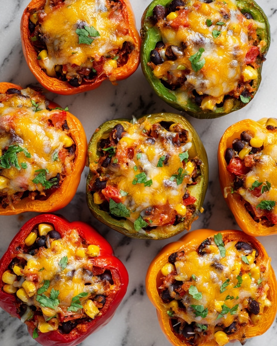 This image shows eight stuffed bell pepper halves arranged closely together on a white marbled surface. Each pepper half forms the base layer with colors of bright orange, green, red, and yellow. The peppers are filled with a mixture of dark brown beans, small light yellow corn pieces, and diced red tomatoes, creating a chunky texture. The top layer is melted cheese in shades of yellow and white, covering the filling unevenly, with some cheese slightly browned from baking. The peppers’ edges are smooth and shiny, contrasting with the textured filling. Photo taken with an iphone --ar 4:5 --v 7