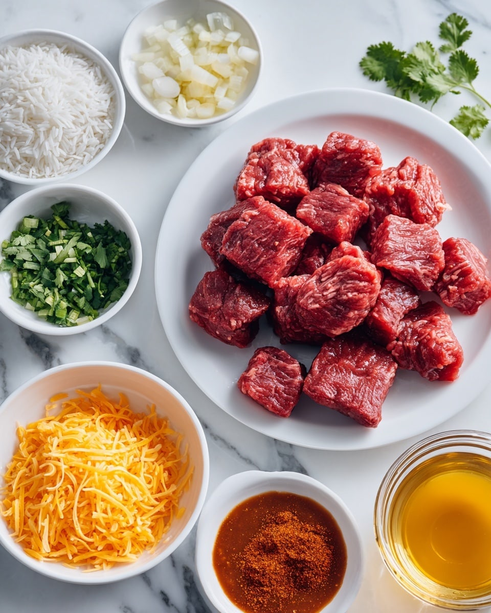 A white round plate holds several chunks of raw ground beef with deep red and pink hues and a coarse texture. Surrounding the plate on a white marbled surface are small white bowls each filled with different ingredients: chopped white onion with a soft, slightly translucent look; light yellow minced garlic with a slightly grainy texture; light green chopped cilantro leaves showing fine details; white long grain rice with a dry, loose texture; bright yellow shredded cheddar cheese with thin strands; and smooth reddish-brown salsa with visible small bits inside. There is also a small white bowl of light golden olive oil with a glossy surface, a bowl of reddish-brown taco seasoning powder with fine granules, and a glass measuring cup filled with pale yellow chicken broth with a translucent, smooth surface. The setup is bright and clear, emphasizing the colors and details of each ingredient photo taken with an iphone --ar 4:5 --v 7