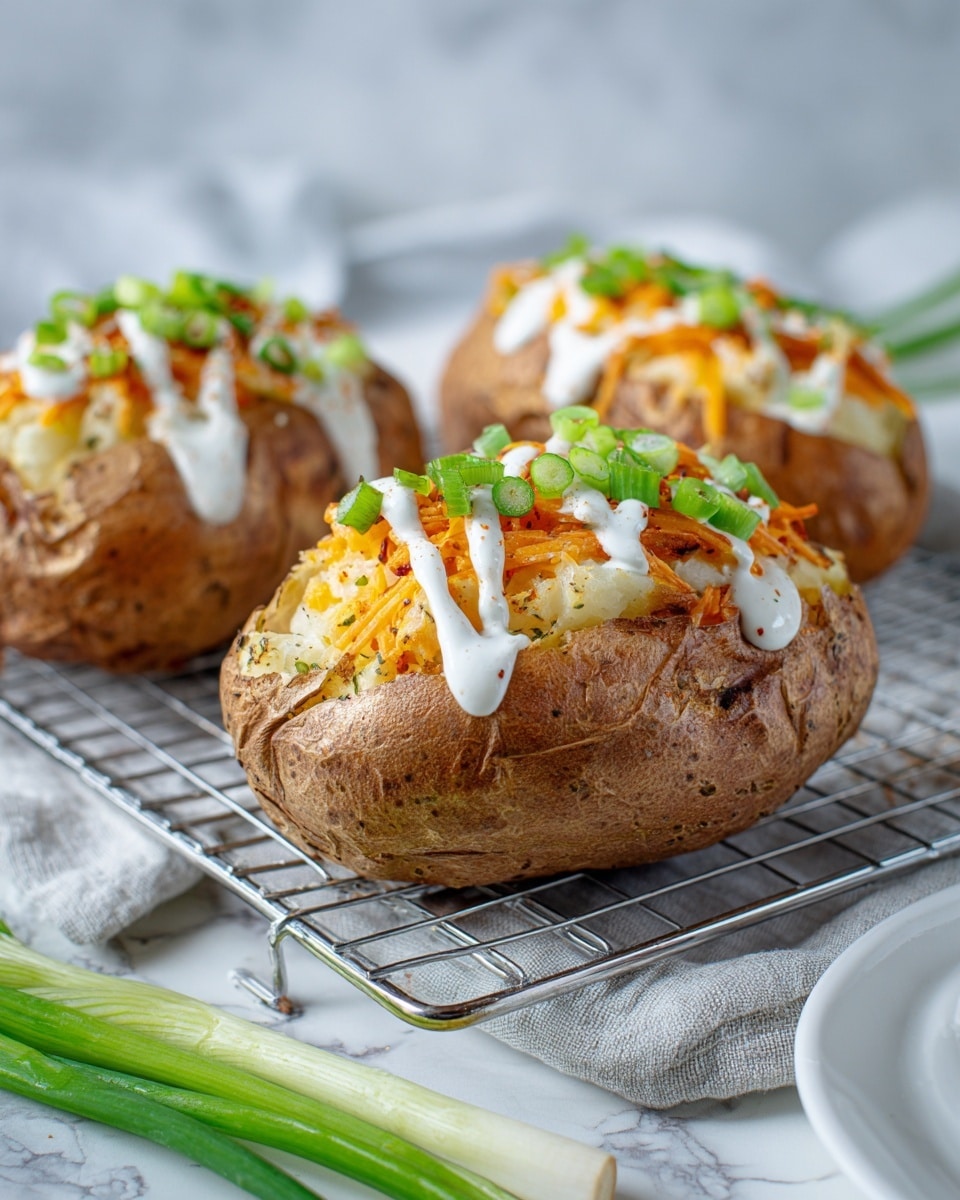Three baked potatoes with brown, textured skins are placed on a silver wire rack over a white marbled surface. Each potato is opened on top and filled with a layer of bright orange shredded sauce-covered filling, followed by a drizzle of white creamy sauce over the filling. Small pieces of green onion are sprinkled on top as garnish. A light gray cloth is partially visible under the wire rack, along with a white plate in the bottom right corner and two green onion stalks at the bottom left. Photo taken with an iphone --ar 4:5 --v 7