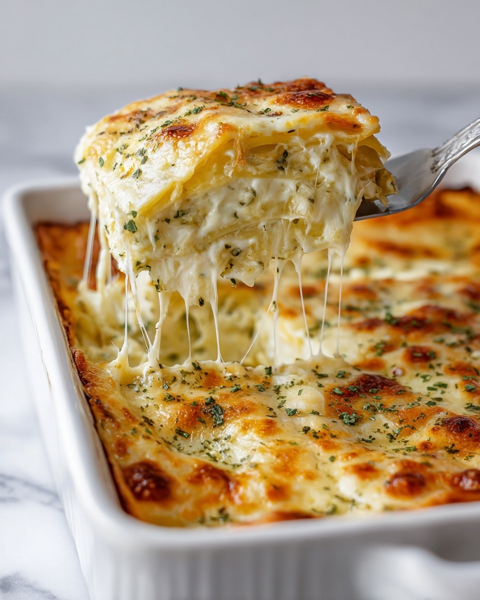 A close-up of a white rectangular dish shows a creamy, three-layer baked pasta with a golden-yellow top sprinkled with green herbs. The top layer looks smooth and slightly browned at the edges, with melted cheese strings stretching as a piece of the pasta is lifted on a metal spatula. The pasta layers beneath are a soft pale yellow with visible herbs mixed in, creating a rich, moist texture. The dish rests on a white marbled surface. Photo taken with an iphone --ar 4:5 --v 7
