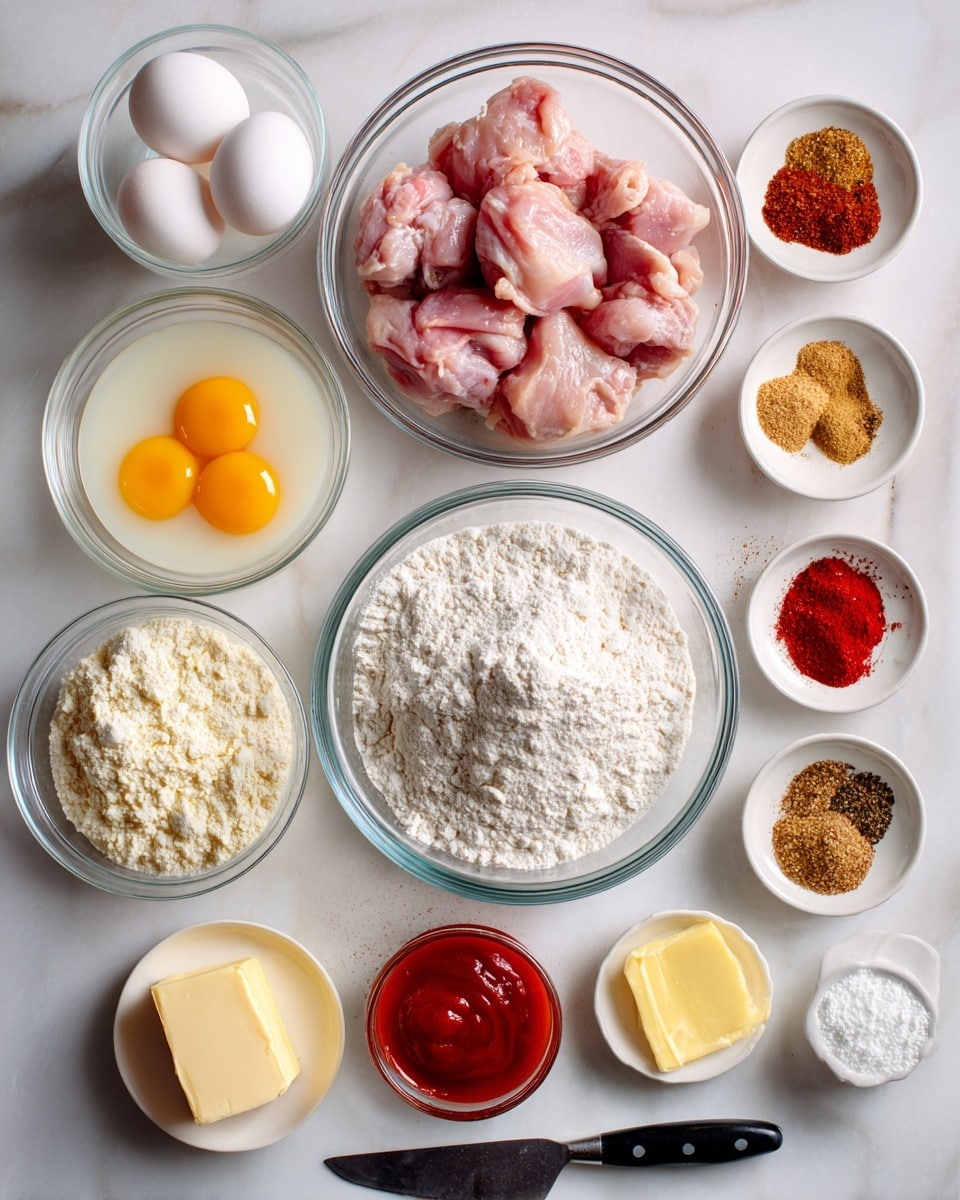 The image shows several clear glass bowls and small dishes arranged neatly on a white marbled surface. In the top center is a bowl with raw pink chicken pieces. Below it to the left is a bowl with two whole eggs, white milk, and some red hot sauce. To the right of the eggs is a large bowl divided into three parts containing white flour, light beige panko breadcrumbs, and white cornstarch. Surrounding these are smaller dishes holding various spices: a mix of paprika, onion powder, garlic powder, salt, pepper, and cayenne, another bowl with paprika, onion powder, garlic powder, chipotle, salt, and pepper, and a third with garlic powder and red pepper flakes. Additional elements include a small dish of light golden apple cider vinegar, a bowl of bright red hot sauce, a bowl with light brown honey, minced white garlic, and a slab of yellow butter on a black knife. The scene is clean, well-lit, showing all ingredients clearly labeled with black text boxes for a recipe setup photo taken with an iphone --ar 4:5 --v 7