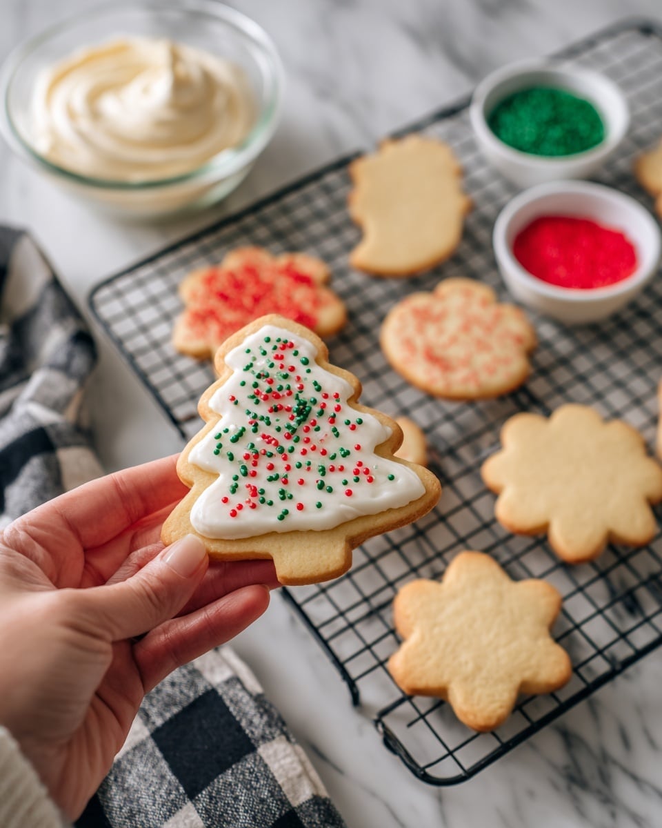 A woman's hand holds a Christmas tree-shaped sugar cookie with one layer of smooth white icing topped with three colors of round sprinkles: red, green, and white. Below, on a metal cooling rack, there are eight plain light golden brown sugar cookies in different shapes including trees, flowers, and candies. One cookie with red sugar sprinkles is partially visible on the left side. Above the rack, a clear glass bowl with creamy white frosting and two small white bowls filled with red and green sprinkles sit on a white marbled surface. A black and white checkered cloth is partially visible in the lower left corner. photo taken with an iphone --ar 4:5 --v 7