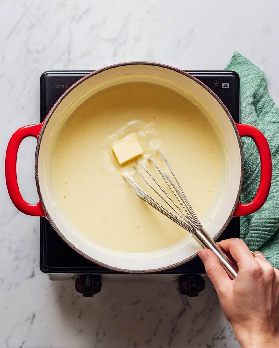 A white pot with bright red handles sits on a black stove top, containing a creamy pale yellow mixture being stirred. A woman's hand is holding a whisk inside the pot, blending the smooth, thick liquid with a small piece of butter melting on top. The stove is placed on a white marbled surface, with a green cloth visible at the upper right corner of the image. The overall look is clean and simple. photo taken with an iphone --ar 4:5 --v 7