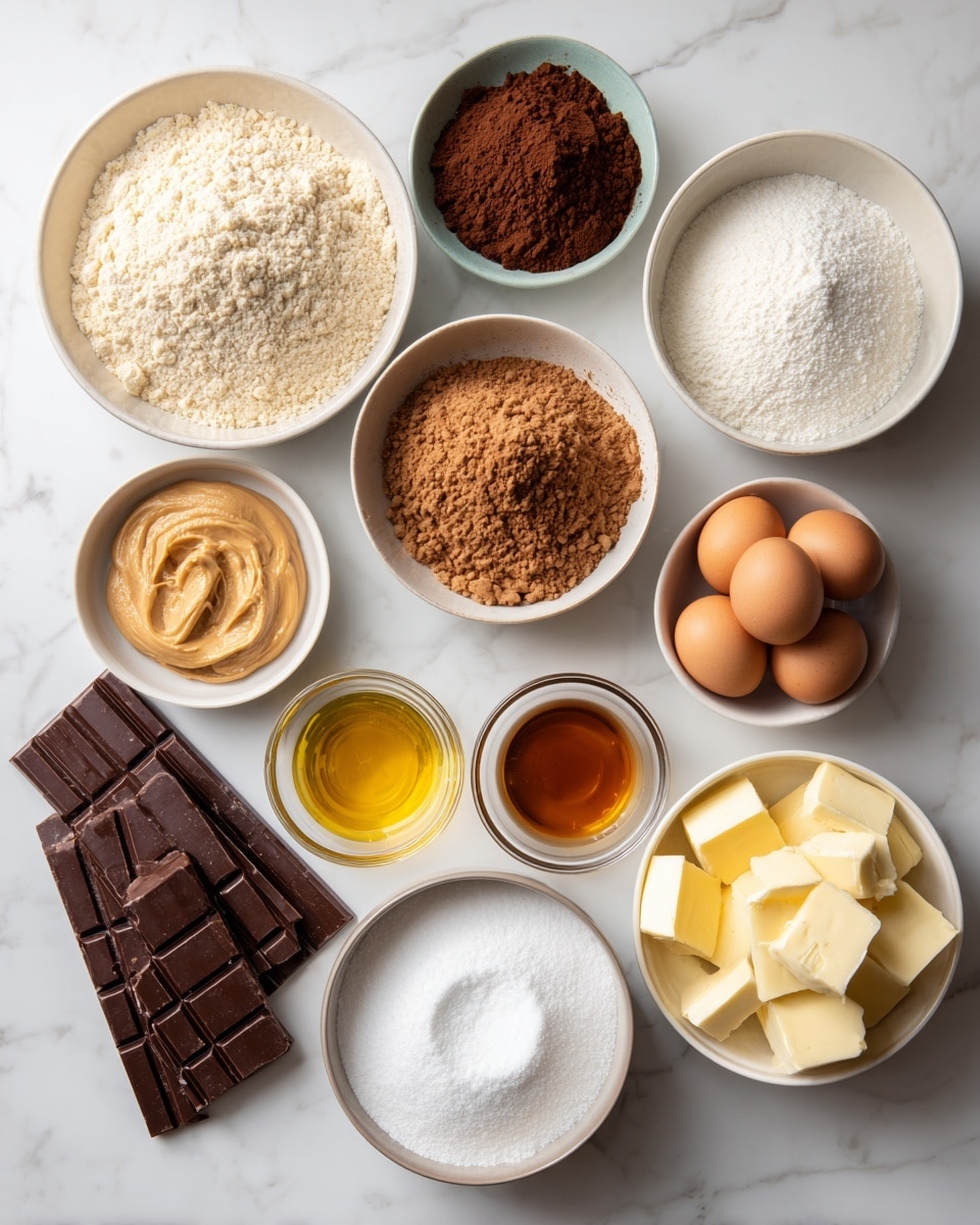 The image shows different baking ingredients laid out on a white marbled surface. There are nine white bowls with various contents: a large bowl holds two layers of plain flour in light beige and cocoa powder in dark brown, side by side; a smaller bowl with white icing sugar; another bowl filled with white caster sugar; a bowl with smooth light brown peanut butter; a bowl of light beige rice bubbles; a bowl holding three brown eggs; and one with pale yellow butter pieces. In the middle are two small clear glass bowls containing light golden oil and amber vanilla extract. Near the bottom left corner, there are several dark chocolate bars with a slightly glossy texture. All the bowls and ingredients are neatly arranged, presenting a clean and organized view of baking supplies. Photo taken with an iphone --ar 4:5 --v 7