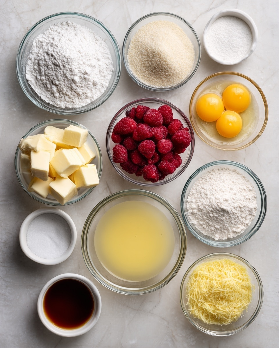 The image shows eleven clear glass bowls arranged on a white marbled surface, each bowl containing a different baking ingredient. From top left to right, there is a bowl with fine white powdered sugar and another with pale beige all-purpose flour. Below them, a bowl filled with white granulated sugar sits next to a bowl of deep red frozen raspberries. To the right are three yellow egg yolks floating in egg whites in a bowl and a bowl with pale yellow lemon juice. On the left below the sugar is a bowl with chunks of pale yellow butter, beside a small bowl of white salt. At the bottom rows, there is a small bowl of dark brown vanilla extract next to a bowl of bright yellow lemon zest, and lastly a bowl with white baking powder. Each ingredient's texture is clear, showing powdered, granulated, liquid, or solid states. Photo taken with an iphone --ar 4:5 --v 7