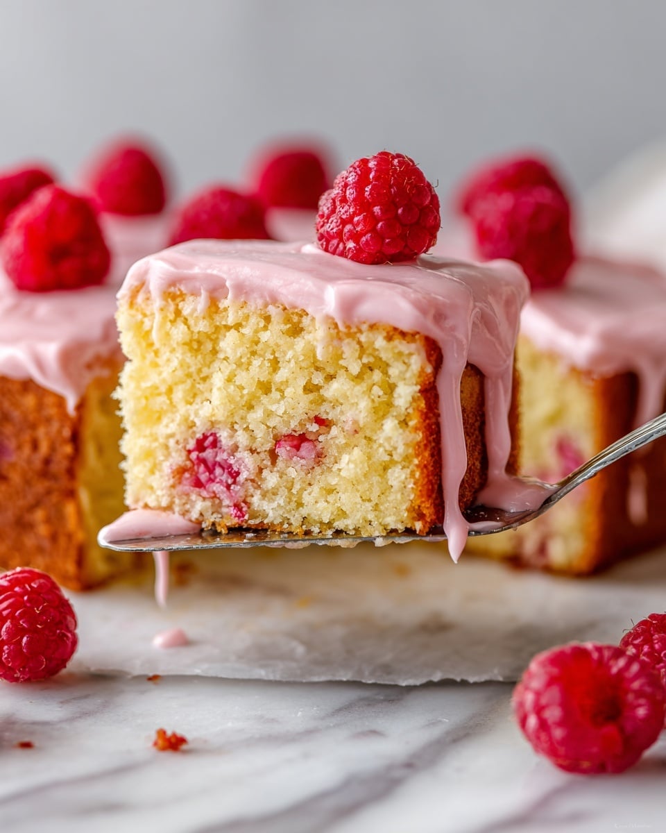 A square slice of yellow sponge cake with visible bits of red raspberry inside is being lifted by a woman's hand with a spatula from a larger cake. The cake is topped with a thick, smooth layer of light pink frosting that drips down the sides. The cake sits on a white marbled surface with several fresh red raspberries scattered around it. The texture of the cake looks soft and moist, while the frosting appears creamy and shiny. photo taken with an iphone --ar 4:5 --v 7