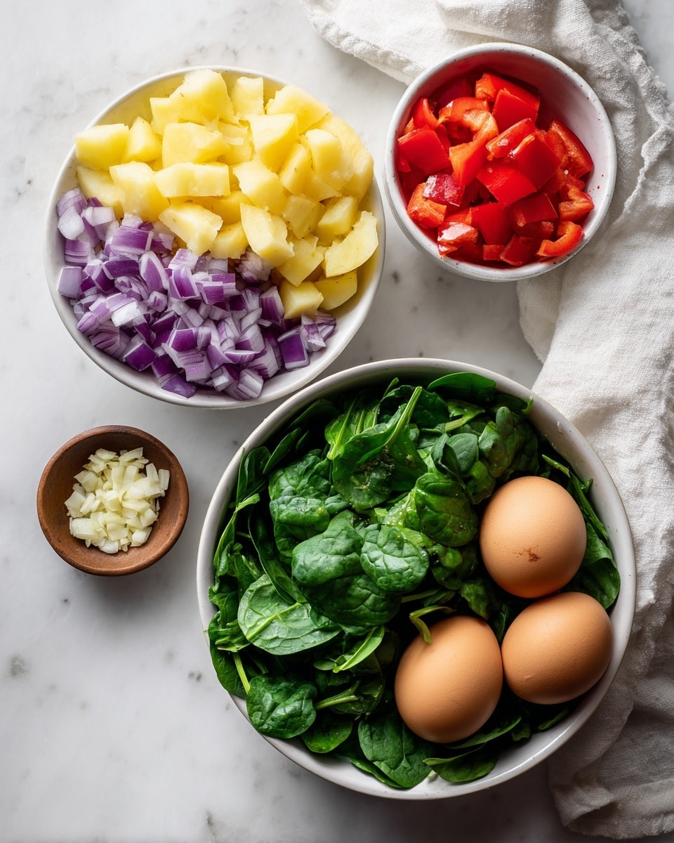 The image shows two white round bowls placed on a white marbled surface. The top bowl has three sections of vegetables: diced yellow potatoes on the left, chopped purple onions on the top, and bright red bell peppers on the right. Near this bowl is a small brown bowl filled with finely chopped garlic. The bottom bowl contains fresh green spinach leaves filling most of the bowl, with three brown eggs resting on the right side of the spinach. A white cloth can be seen on the top right corner of the image. Photo taken with an iphone --ar 4:5 --v 7