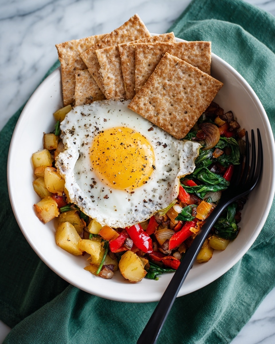 A white bowl holds a colorful breakfast hash with three main parts: at the bottom left, a sunny-side-up egg with a bright yellow yolk and white edges, topped with a sprinkle of black pepper; around the egg, a mix of diced golden potatoes, bright red bell peppers, sautéed green spinach leaves, and caramelized pieces of brown onions, creating a vibrant and textured base; on the top side of the bowl, several crunchy light brown crackers with visible seeds rest against the vegetables. A black fork lies on the right side of the bowl. The bowl is placed on a green cloth, and the whole scene is set against a white marbled surface. Photo taken with an iphone --ar 4:5 --v 7