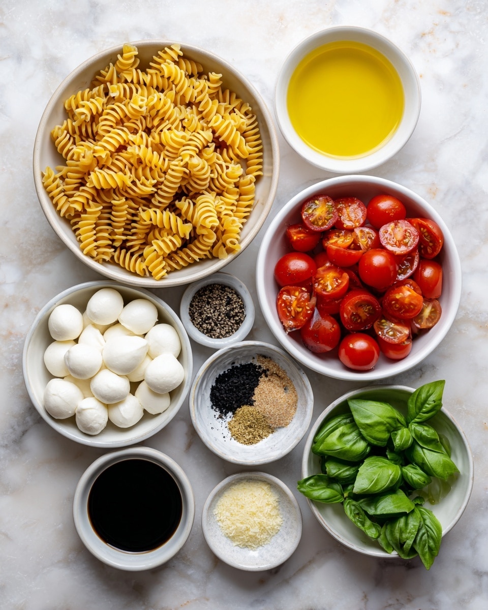 The image shows several small white bowls arranged on a white marbled surface with different ingredients inside. The top left bowl holds corkscrew-shaped rotini pasta, golden yellow in color, filling the bowl completely. To the right, a bowl contains bright yellow extra virgin olive oil with a smooth surface. Below it, another bowl holds dark, almost black balsamic vinegar. In the center, a white bowl is filled with vibrant red cherry tomatoes, some sliced to reveal a juicy interior. Small bowls of dried basil, light brown garlic powder, cracked black pepper, and coarse white sea salt are scattered around. At the bottom left, a white bowl holds many small white mozzarella balls, and to the right, another bowl contains fresh green basil leaves thinly sliced. All items are clearly separated and presented neatly. Photo taken with an iphone --ar 4:5 --v 7