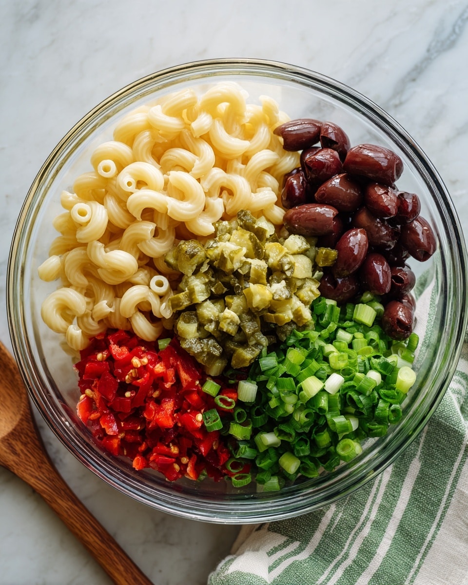 A clear glass bowl sitting on a white marbled surface holds five distinct piles of ingredients. The largest pile is pale yellow elbow macaroni, slightly curved with a smooth texture, positioned on the left side. Next to it on the right are dark brown sliced olives, glossy and round. At the center front is a mound of chopped green pickles, with a wet, shiny texture and small seeds visible. Below the pickles are bright red chopped peppers, small and vivid, adding a strong color contrast. To the right of the peppers and slightly under the pickles are finely chopped green onions, fresh and crisp with light and dark green shades. A wooden spoon is partly visible at the bottom left corner, and a striped green and white cloth is on the top right corner. photo taken with an iphone --ar 4:5 --v 7