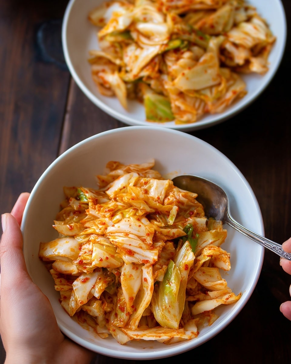 Two white bowls filled with chopped cabbage soaked in a slightly orange-red sauce. The cabbage pieces are roughly torn into medium-sized strips, showing a mix of pale white and light green colors, all coated with a thin layer of spicy sauce giving them a glossy texture. One bowl is held by a woman's hand at the front, showing the cabbage up close, while the other bowl sits blurred in the background. The bowls are on a dark wooden surface. A metal spoon sticks out from the bowl held in the woman’s hand. photo taken with an iphone --ar 4:5 --v 7