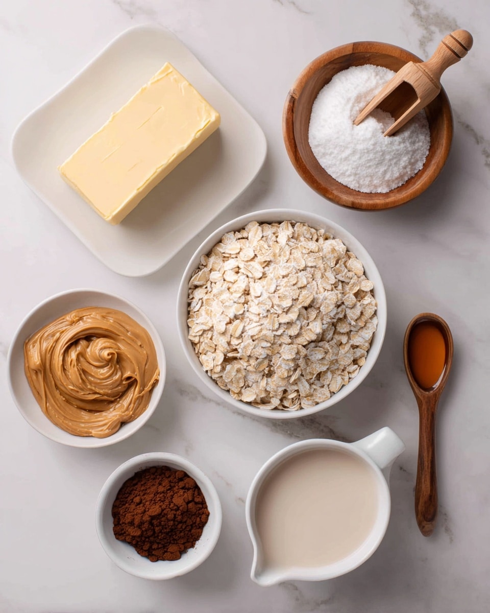 The image shows eight ingredients arranged neatly on a white marbled surface. There is a square white plate holding a pale yellow block of butter in the top left corner. To its right is a round wooden bowl filled with white sugar, with a wooden scoop partially buried in it. Below the butter is a white bowl filled with smooth, light brown peanut butter, swirled on the surface. Next to this, on the right, a small wooden spoon holds a small amount of white salt. In the middle is a large white bowl filled with light tan quick-cooking oats. At the bottom left, a small white bowl contains dark brown unsweetened cocoa powder. To the right of this is a small white bowl with amber-colored vanilla extract. Lastly, a white measuring cup filled with light tan evaporated milk sits on the bottom right. photo taken with an iphone --ar 4:5 --v 7