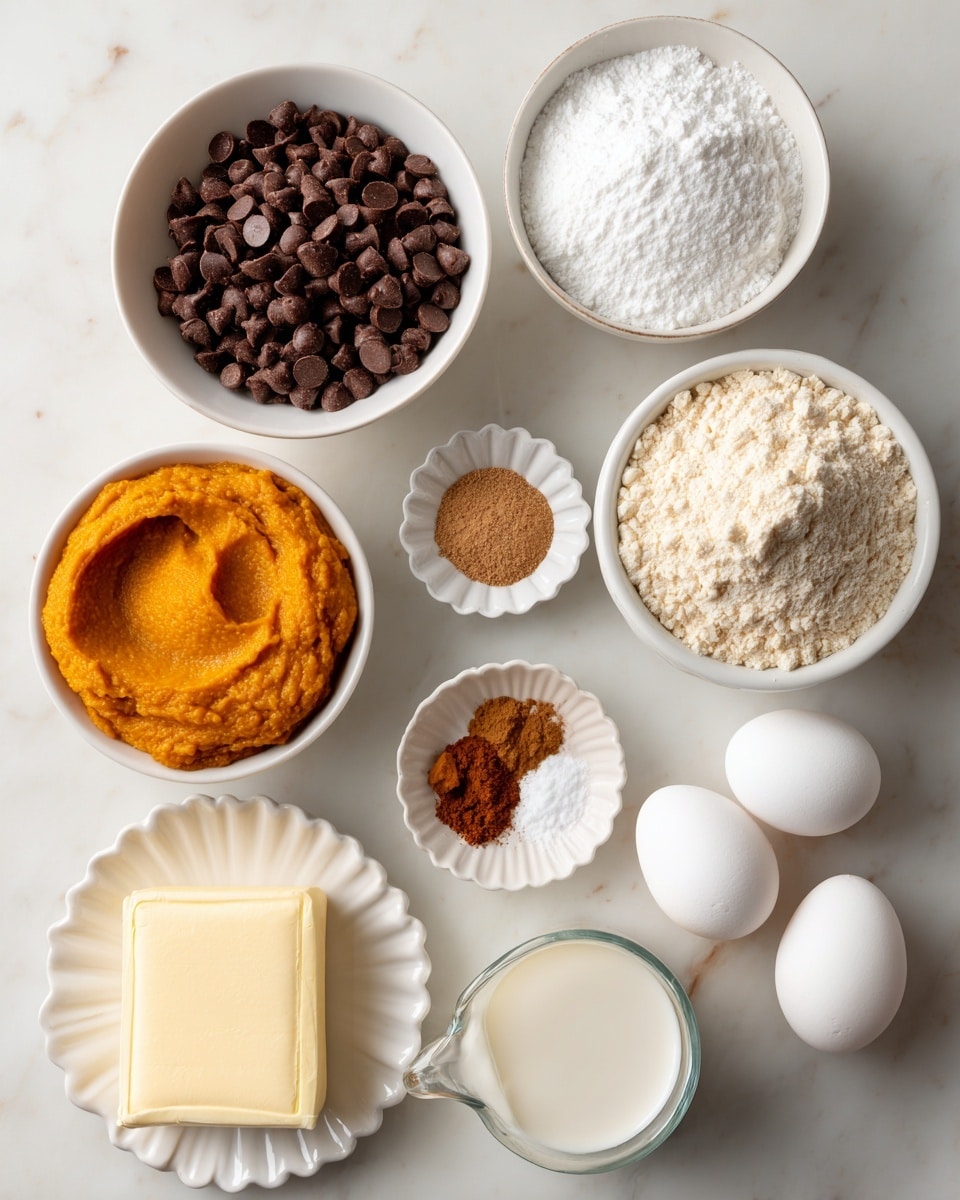 The image shows several white bowls and plates on a white marbled surface, each with a different ingredient. Starting from the top left, there is a white bowl filled with shiny dark brown chocolate chips. Next to it on the right is another white bowl with fine white powdered sugar. Below the chocolate chips is a white bag of light beige spice cake mix with a powdery texture. To the right of the cake mix is a white bowl with bright orange pumpkin puree, smooth and thick. Beside the pumpkin puree is a stick of pale cream-colored butter placed directly on the surface. Moving down, in the center is a small white scalloped dish with brown cinnamon powder. To the right is a small white jug filled with milk. Below the cinnamon is a clear white plate holding a block of smooth, white cream cheese. Next to the cream cheese, on the right, is a white bowl with two whole white eggs. Finally, to the bottom right is another small white scalloped dish containing light brown nutmeg powder. All the items are neatly arranged and labeled with black text. Photo taken with an iphone --ar 4:5 --v 7