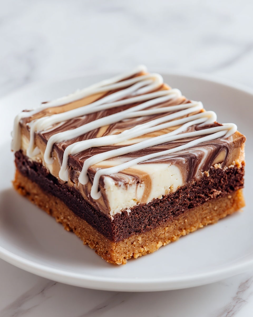 The dessert is a square bar with three visible layers: the bottom layer is light brown and crumbly like a cookie crust, the middle layer is darker brown and dense like chocolate, and the top layer is a mix of light tan and dark brown swirled together with a slightly uneven texture. On top of this, white icing is piped in thick, wavy diagonal lines across the surface. The dessert sits on a white plate, and the background is a white marbled texture. photo taken with an iphone --ar 4:5 --v 7