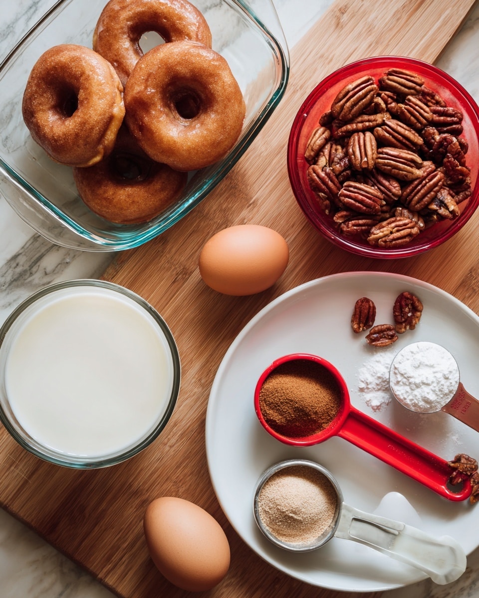 The image shows a wooden surface holding different baking ingredients arranged neatly. On the left, there are two day old donuts with a golden-brown color placed in a clear glass baking dish. Below the donuts, a single brown egg lies next to a small glass jar filled with white milk. On the right side, a white plate holds two red measuring spoons containing brown cinnamon and white salt powders. Above the plate, a red measuring cup filled with whole pecans is visible. The background is a white marbled texture. photo taken with an iphone --ar 4:5 --v 7