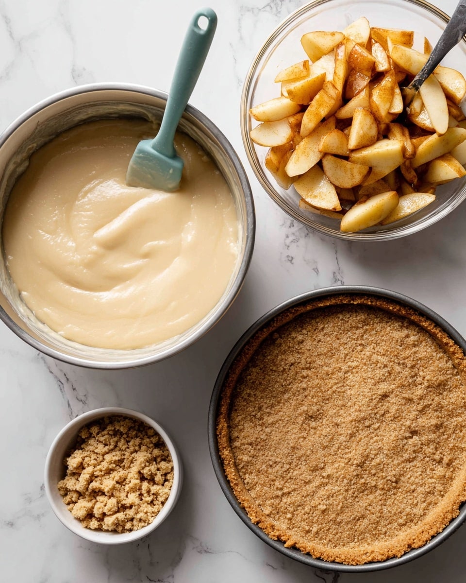 The image shows a baking setup on a white marbled surface with four main elements: on the top left, a silver bowl filled with smooth, light beige batter with a turquoise spatula resting inside; on the top right, a clear glass bowl filled with sliced apple pieces coated in a cinnamon-like spice, with a silver spoon inside and two woman's hands holding a bunch of wheat above it; on the bottom right, a round springform pan with a light brown crumb crust pressed evenly inside; and on the bottom left, a small silver bowl containing crumbly light brown sugar or streusel topping. photo taken with an iphone --ar 4:5 --v 7