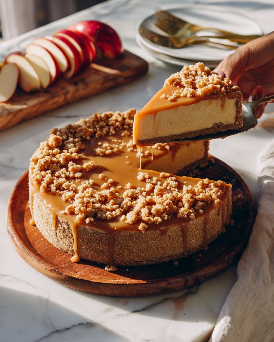 A round pie with a crumbly light brown crust base topped with a thick smooth caramel layer that has uneven clumps of crumbly streusel scattered on top, some caramel dripping slightly over the edges; the pie is placed on a wooden board on a white marbled surface, with part of one slice being gently lifted by a woman's hand, nearby a white plate with golden forks and a wooden board holding sliced red apples; warm natural lighting emphasizes the textures and colors photo taken with an iphone --ar 4:5 --v 7