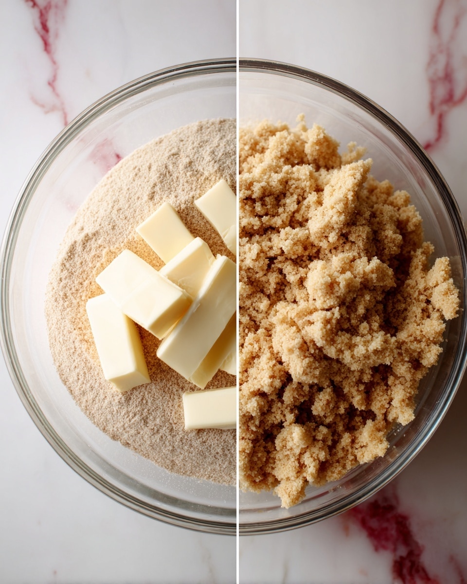 Two images side by side show the process of making a crumbly dough mix in a clear glass bowl. On the left, the bowl contains a mix of light brown dry ingredients with several solid white rectangular pieces of butter placed on top, all sitting on a white marbled surface with a red carton partially visible in the background. On the right, the butter has been mixed into the dry ingredients creating a coarse, uneven crumb texture with clumps in light brown tones, the clear glass bowl remains on the white marbled surface. Photo taken with an iphone --ar 4:5 --v 7