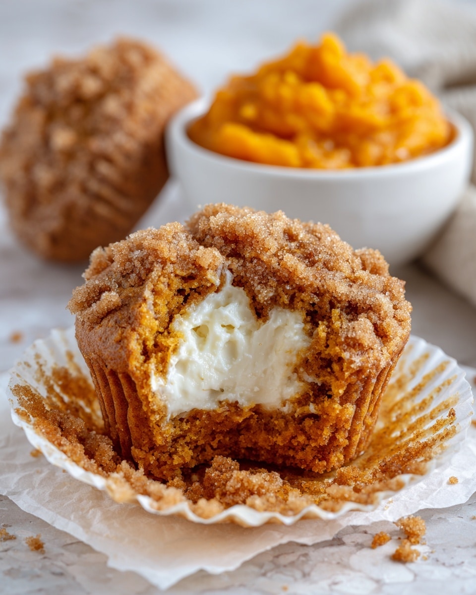 A close-up image of a pumpkin muffin with a crumbly brown sugar topping, showing one side broken open to reveal a smooth white cream cheese filling inside. The muffin has a soft, orange-brown texture with bits of crumb around it, sitting on a piece of white parchment paper on a white marbled surface. In the background, there is a white bowl filled with orange pumpkin puree that is slightly out of focus. photo taken with an iphone --ar 4:5 --v 7