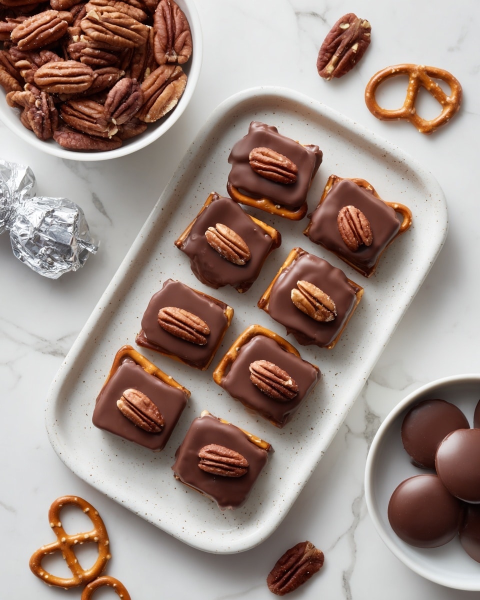 A white speckled rectangular tray holds five rows of square pretzels, each topped with a melted smooth milk chocolate layer and a whole pecan placed neatly in the center; above the tray, there is a white bowl filled with many pecans to the top left, and a white bowl with five round chocolate pieces on the top right; near the center top of the white marbled surface, a round milk chocolate candy is unwrapped showing crinkled silver foil around it, with two more wrapped candies nearby; scattered pretzels and pecans lie casually around the tray. Photo taken with an iphone --ar 4:5 --v 7
