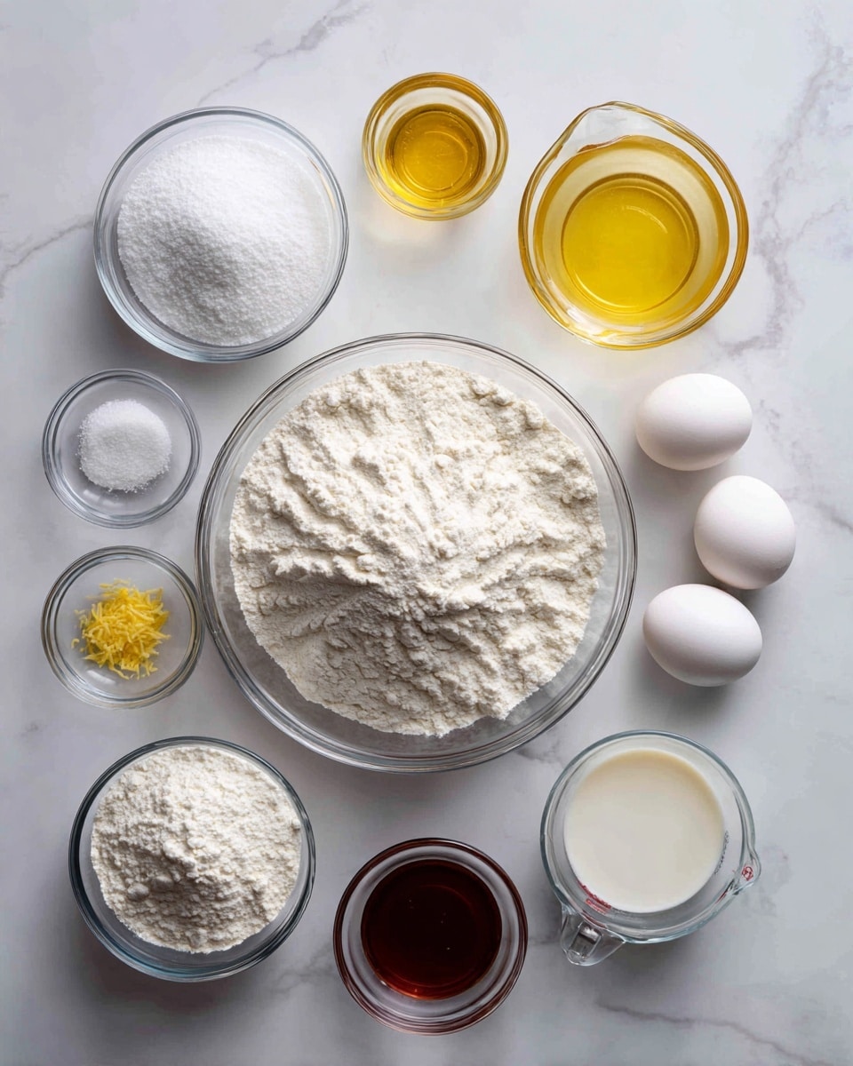The image shows a clean arrangement of baking ingredients on a white marbled surface. At the center, there is a large clear glass bowl filled with white flour, with a slightly uneven texture. Below it, another big clear glass bowl holds white sugar with a smooth surface. To the left of the central bowl, three small clear glass bowls hold white baking powder, white salt, and another white powder, all finely textured. Above them, a larger clear glass container holds golden yellow oil, smooth and glossy. To the right of the central flour bowl, three white eggs rest close to a clear glass measuring cup with a pale yellow liquid, likely lemon juice. Below this, another clear glass measuring cup holds white milk. At the bottom right, a small clear glass bowl contains dark amber vanilla extract, smooth and shiny. At the bottom left, a small clear glass bowl shows finely grated yellow lemon zest, adding a bright contrast. photo taken with an iphone --ar 4:5 --v 7