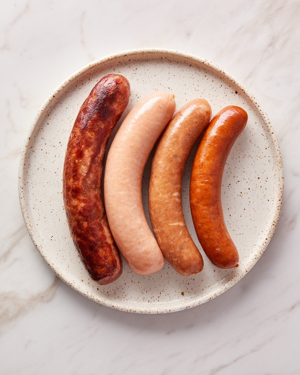A white speckled round plate holds four sausages arranged side by side from left to right. The first sausage is thick with a dark reddish-brown color and a slightly rough texture. The second sausage is shorter, smooth, and light pink in color. The third sausage is longer, slightly curved, smooth, and light reddish-brown. The fourth sausage is straight, smooth, and a medium reddish-brown. The plate is placed on a white marbled surface. photo taken with an iphone --ar 4:5 --v 7