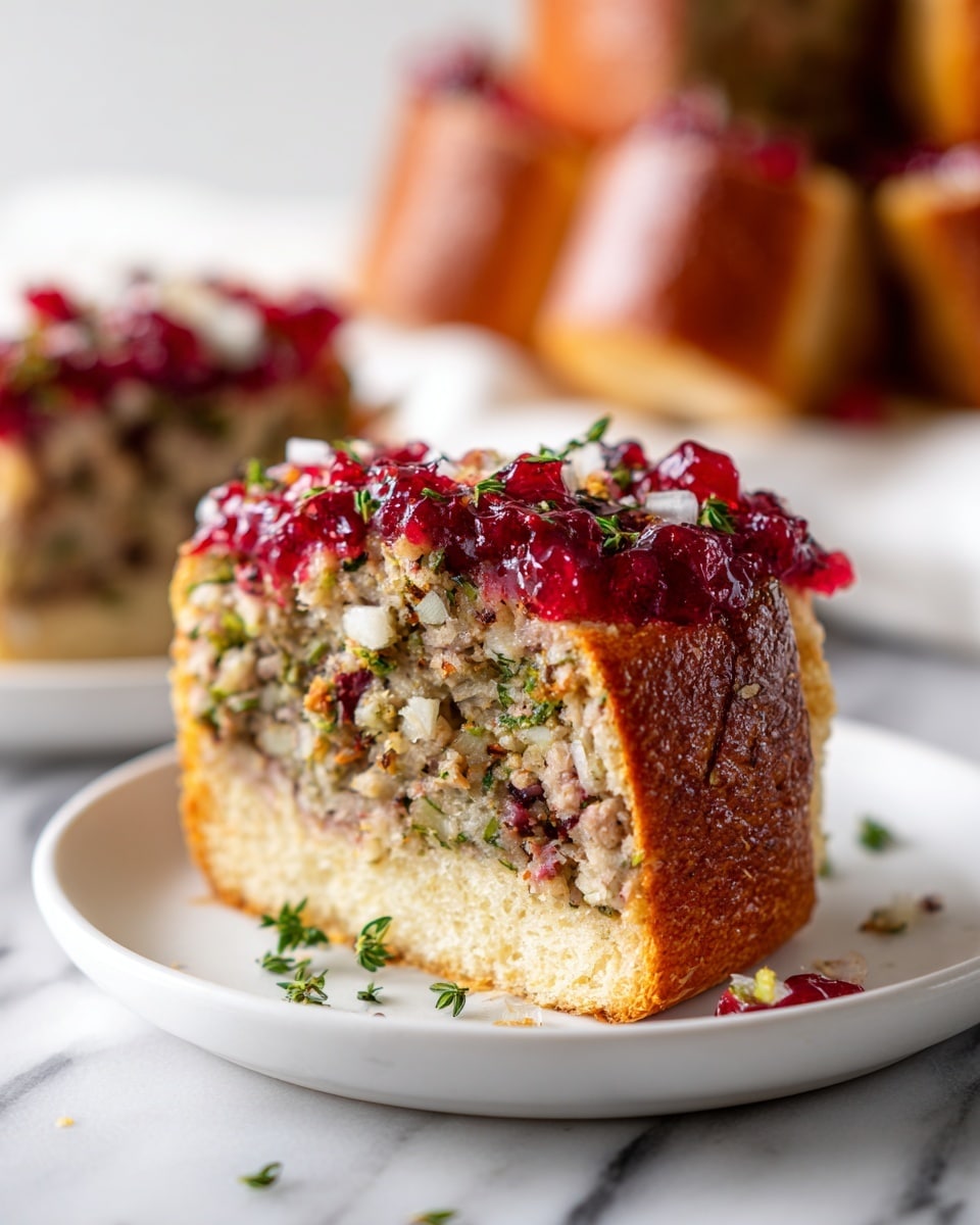 A single slice of stuffed bread sits on a white plate, showing three main layers inside: the bottom layer is a pale golden bread base, followed by a thick middle layer of greenish-brown stuffing mixed with small bits of herbs, and a top layer of bright red cranberry sauce with small white pieces mixed in. The bread crust is golden brown and softly wrapped around the filling, with a slightly shiny surface. Small green herb bits are scattered on and around the slice on the plate. The setting is on a white marbled surface with more stuffed bread pieces blurred in the background. photo taken with an iphone --ar 4:5 --v 7