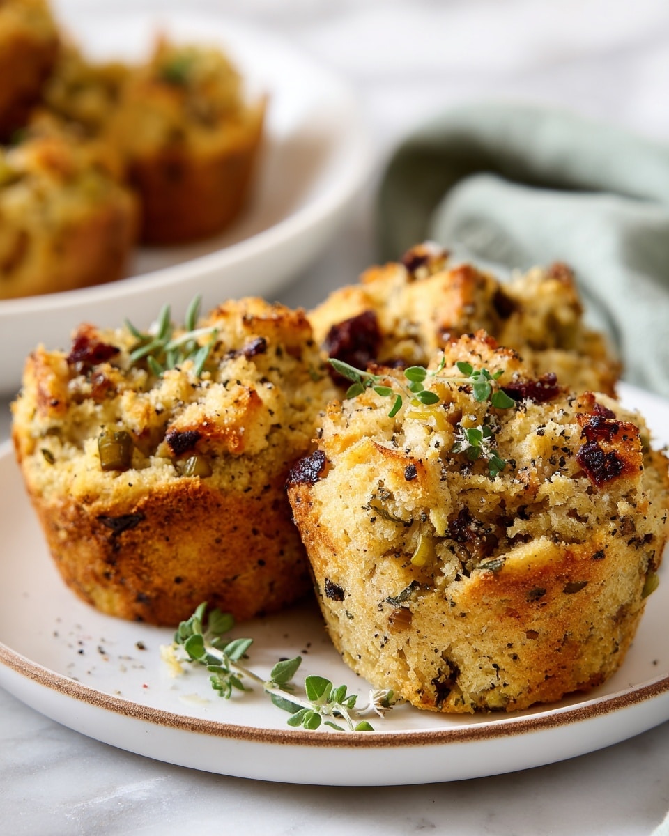 The image shows three round, golden-brown muffin-shaped stuffing pieces on a white plate with a thin brown rim, set on a white marbled surface. Each piece is rough textured with chunks of bread and small bits of dark red and green herbs mixed inside, giving a crumbly appearance. The stuffing muffins are sprinkled lightly with cracked black pepper and tiny fresh green herb leaves. In the background, a white plate holds more of the stuffing muffins, with a soft green cloth folded beside it, adding a gentle touch of color. Photo taken with an iphone --ar 4:5 --v 7