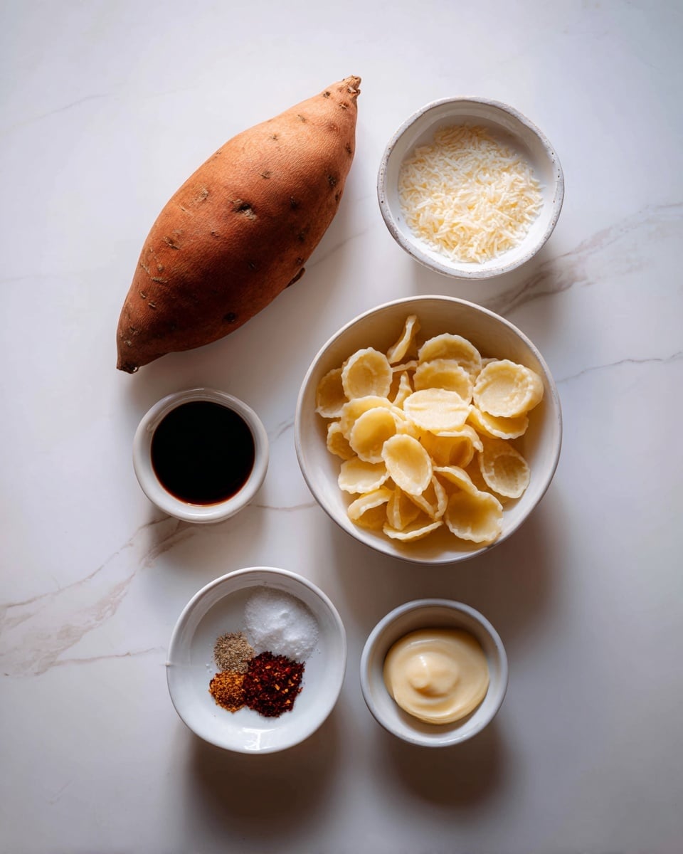 The image shows a smooth brown sweet potato placed on a white marbled surface towards the left side, and around it are six small round white bowls each containing an ingredient. At the top center, there is a bowl filled with thin white coconut milk. To the right of this, a bowl is filled with flaky, light yellow nutritional yeast. Below the sweet potato is a bigger white bowl filled with pale yellow curved pasta. To the right of the pasta bowl, a small white bowl holds a dark brown liquid soy sauce. At the bottom left, a bowl contains small piles of white, off-white, and reddish-brown spices arranged closely together. Finally, at the bottom right, a small white bowl has a dollop of pale yellow dijon mustard. The whole scene is styled neatly on a white marbled surface with soft natural lighting photo taken with an iphone --ar 4:5 --v 7