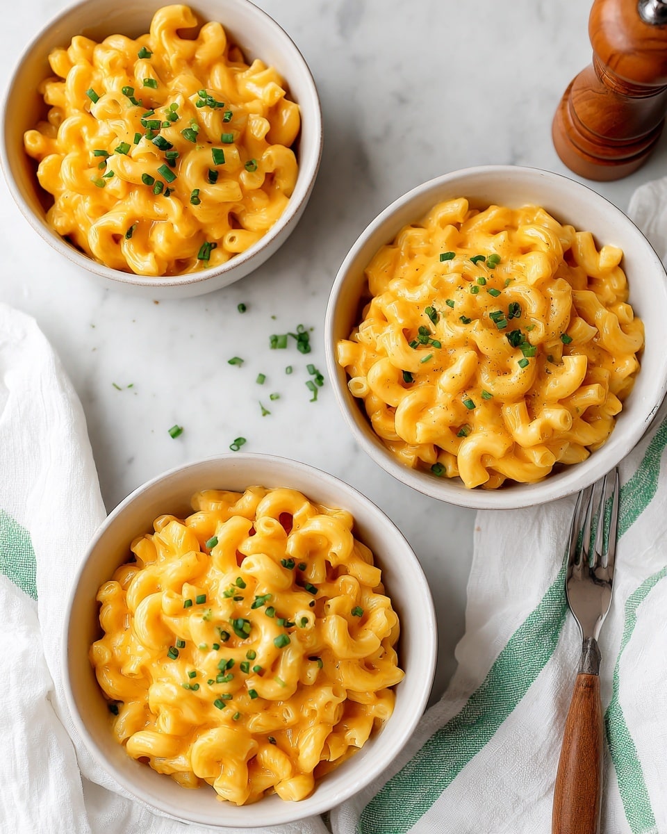 The image shows three white bowls filled with creamy macaroni and cheese placed on a white marbled surface. Each bowl contains elbow macaroni coated in a smooth, bright orange cheese sauce. Small green chive pieces are sprinkled on top of the macaroni in each bowl, adding a touch of color. There is a wooden pepper grinder near the top right side, and a fork with a wooden handle rests on a white cloth with green stripes to the right of the closest bowl. The overall presentation is simple and inviting, with soft lighting highlighting the creamy texture of the dish. photo taken with an iphone --ar 4:5 --v 7