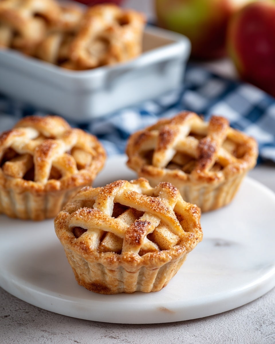 Three small apple lattice pies sit on a white round plate with a white marbled surface underneath. Each pie has a golden-brown woven top crust with sugar and cinnamon sprinkled over it, showing the soft, warm apple filling beneath the lattice. In the background, more mini pies are arranged in a white rectangular dish with a blue checkered cloth nearby, and blurred apples add a touch of color. The overall look is cozy and inviting, with warm browns and soft textures. photo taken with an iphone --ar 4:5 --v 7