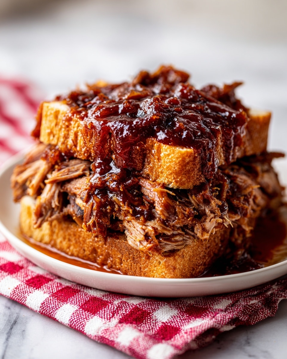The image shows two thick layers of cooked meat with a crispy brown outer layer on top and a rich, dark, glossy sauce covering parts of the meat. Below the top layers is a third layer of meat that looks tender and soft with a lighter brown color, showing a shredded texture. The meat is resting on thick slices of soft brown bread. The whole dish is placed on a white plate with a red and white checkered cloth underneath, all set on a white marbled surface. Photo taken with an iphone --ar 4:5 --v 7