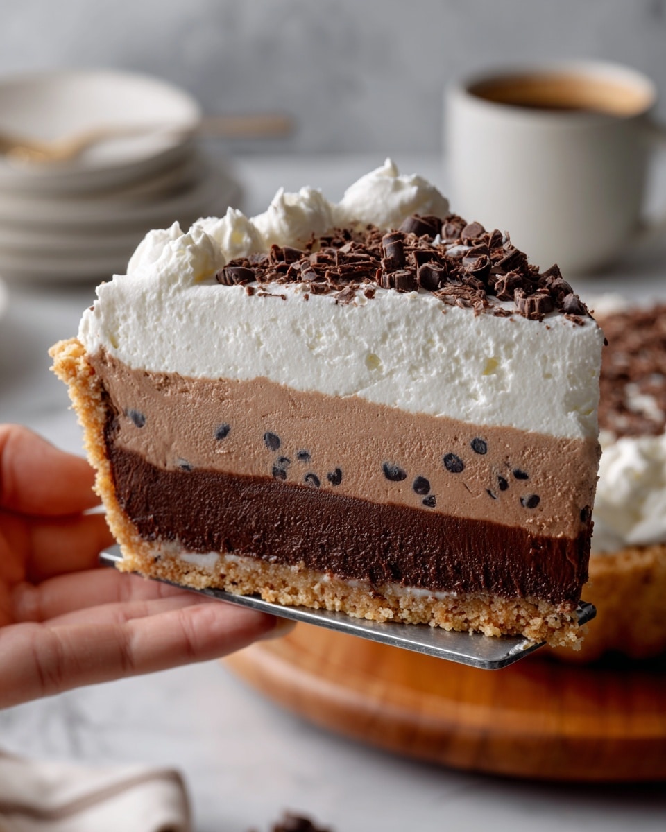 A close-up of a slice of pie held by a woman's hand on a shiny pie server, showing four layers: the bottom layer is a light brown crumbly crust, above it is a dark chocolate layer, then a lighter chocolate mousse layer with small dark spots, and the top layer is fluffy white cream sprinkled with small dark chocolate curls. The pie is on a wooden board with a white marbled texture background, and blurred white plates and a coffee cup are in the background. Photo taken with an iphone --ar 4:5 --v 7