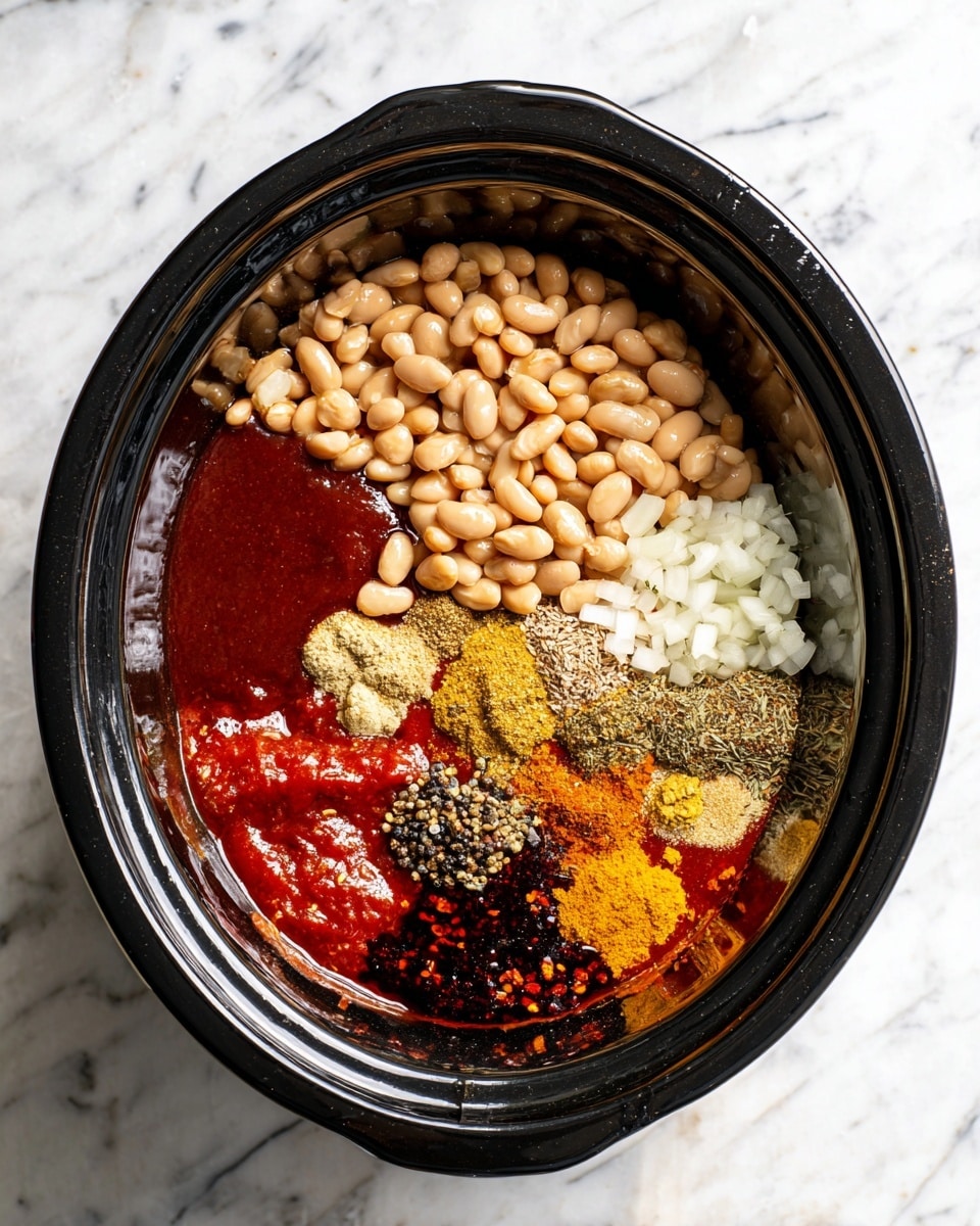 A black slow cooker filled with several layers of ingredients on a white marbled surface. The top layer has light beige beans covering most of the upper half. To the right side, there is a layer of finely chopped white onions. Below the beans, there are multiple layers of sauces and spices: a large dark red thick sauce in the center, a smaller bright red sauce in the bottom left corner, and dark liquid with small orange bits in the bottom right corner. Around the sauces, there are light brown, yellow, black, and white powdered spices spread evenly in small piles. The inside of the slow cooker is glossy and smooth. Photo taken with an iphone --ar 4:5 --v 7