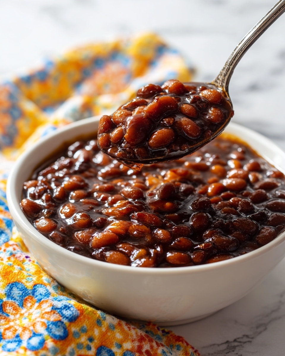 This image shows a close-up of a white bowl filled with baked beans covered in a thick, dark brown sauce that looks shiny and sticky. The beans are plump and spread all over the bowl, with some spilling over the edges. A silver spoon is lifting a large spoonful of beans above the bowl, showing the beans clustered together with the sauce coating each bean. The background features a colorful, blurry cloth with yellow, blue, and orange patterns, set against a white marbled surface. photo taken with an iphone --ar 4:5 --v 7