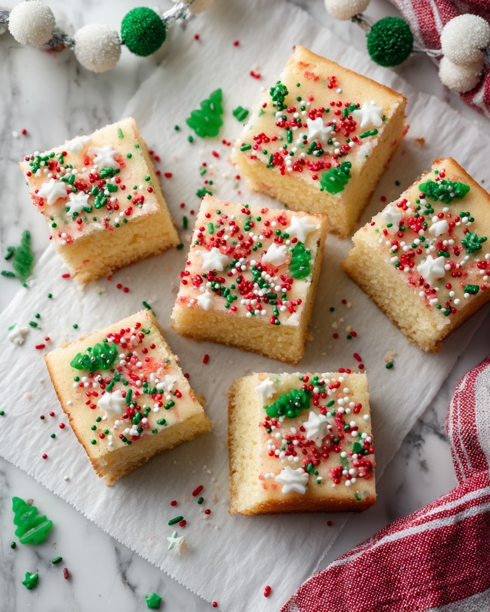 The image shows seven square pieces of soft, light yellow cake with a slightly cracked top layer, decorated with colorful red, green, and white sprinkles, some shaped like small trees and stars. The cakes are laid out on a white parchment paper placed on a white marbled surface. Around the cakes, there are scattered sprinkles and small green tree-shaped candies. In the top left, there is a string of white and green felt balls, and to the right, part of a red and white-striped cloth is visible. The overall scene has a festive holiday feel. Photo taken with an iphone --ar 4:5 --v 7