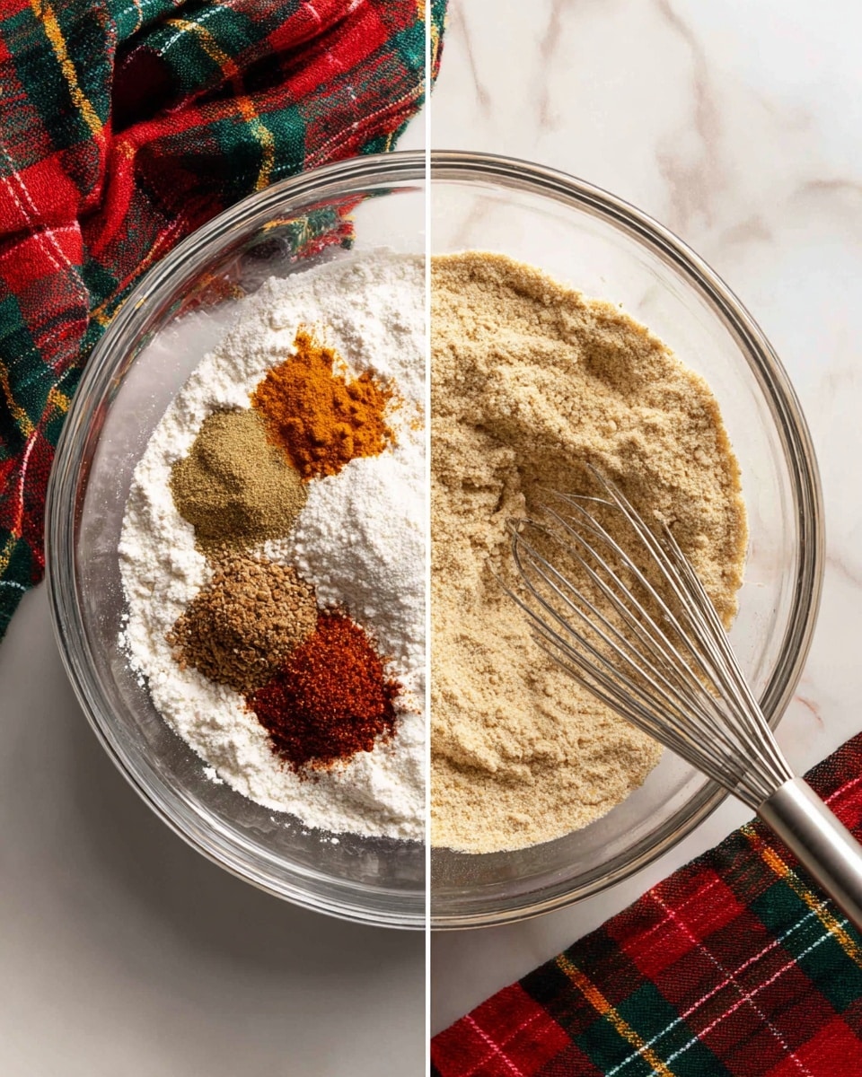 Two photos side by side show the process of mixing dry ingredients in a clear glass bowl. On the left side, the bowl contains a white powder base with several brown and orange spices placed in small piles on top, resting on a white marbled surface with a red, green, and black plaid cloth beside it. On the right side, the ingredients are fully mixed into a smooth, light beige powder with a metal whisk standing in the bowl, also on the white marbled surface. photo taken with an iphone --ar 4:5 --v 7