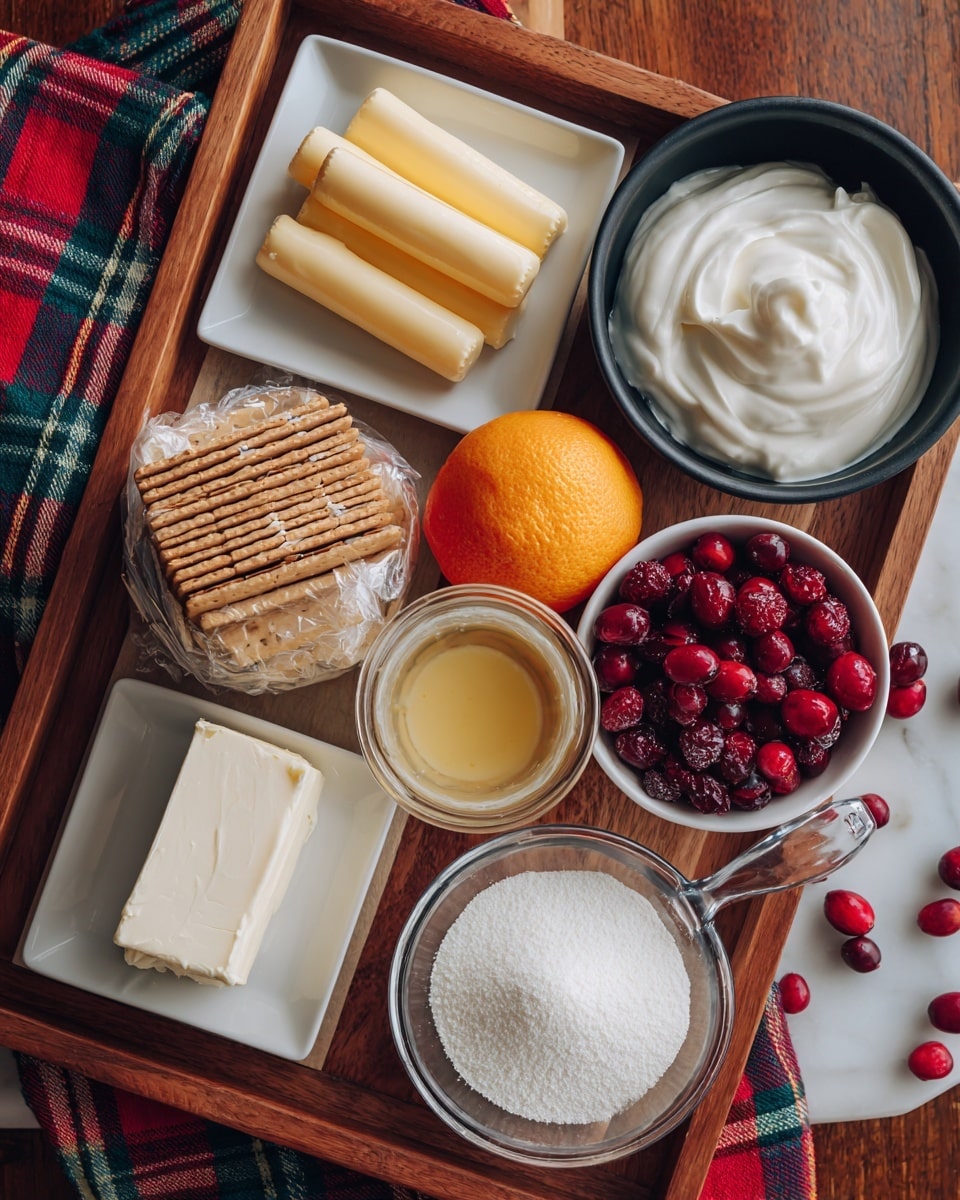 A wooden tray holds various ingredients arranged over a red, green, and white plaid cloth. In the top left, a white square plate has several pale yellow salted butter sticks. To its right, a black round bowl filled with thick white Greek yogurt sits near a whole orange. In front, a clear measuring cup contains creamy sweetened condensed milk beside some rectangular graham crackers in a clear plastic bag. Below, another white square plate has a smooth white cream cheese block. A small white bowl of golden vanilla extract and a black bowl filled with white sugar are also on the tray. Outside the tray, there is a glass juicer pressing half an orange with orange zest and juice visible, and a white square bowl filled with fresh red cranberries with some scattered on the white marbled surface. Photo taken with an iphone --ar 4:5 --v 7