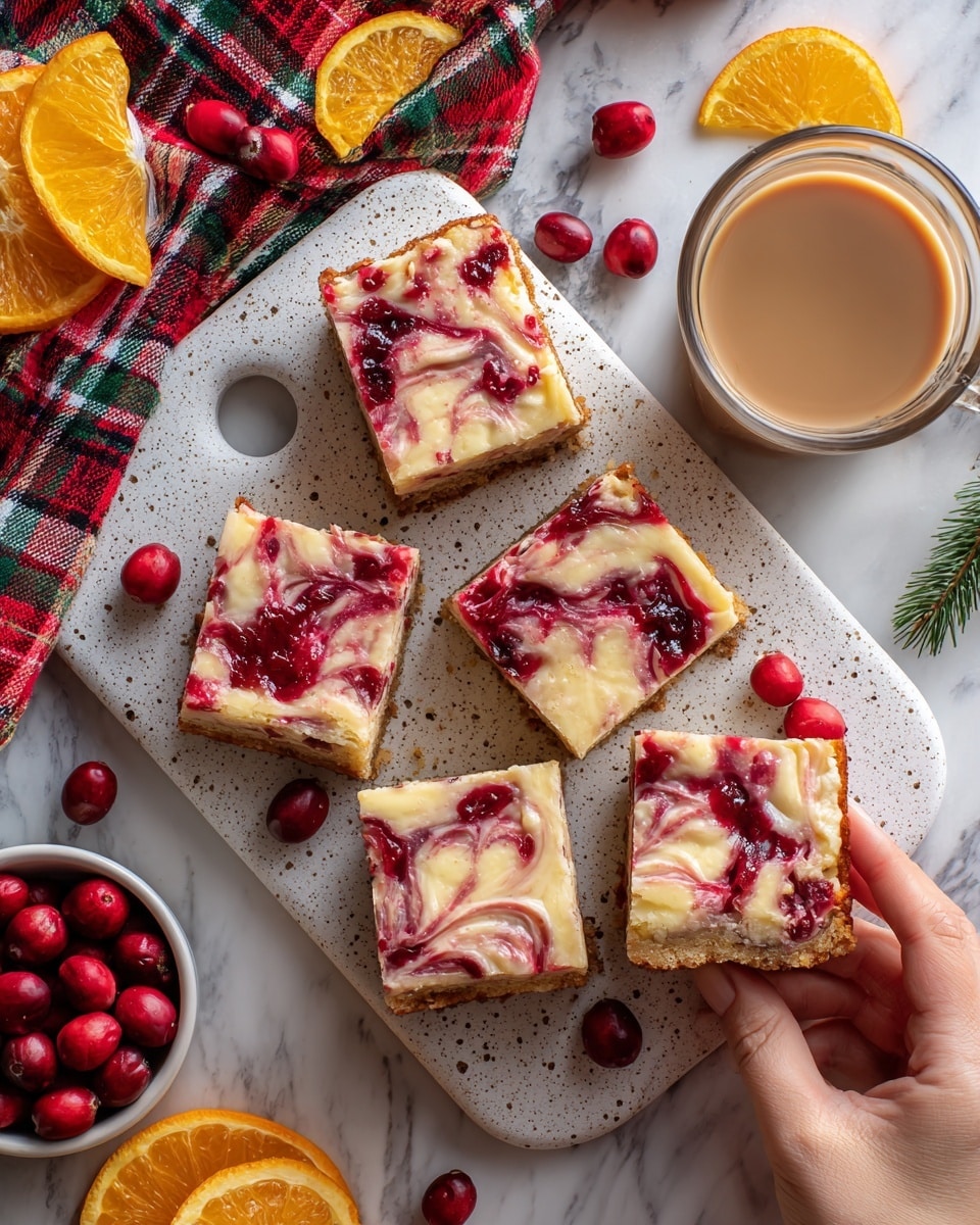 There are six square cheesecake bars on a white speckled serving board with a round hole at the top. Each bar has a crumbly light brown base and a creamy white cheesecake layer swirled with bright red cranberry sauce creating a marbled effect. One cheesecake bar is held by a woman's hand showing its thickness. Scattered on the board and the red and green checked cloth underneath are fresh whole and halved cranberries and orange peels adding color contrast. A clear glass cup filled with light brown liquid sits on a wood surface next to the cloth, along with a small white bowl of halved cranberries and orange peel. The surface under everything has a white marbled texture photo taken with an iphone --ar 4:5 --v 7