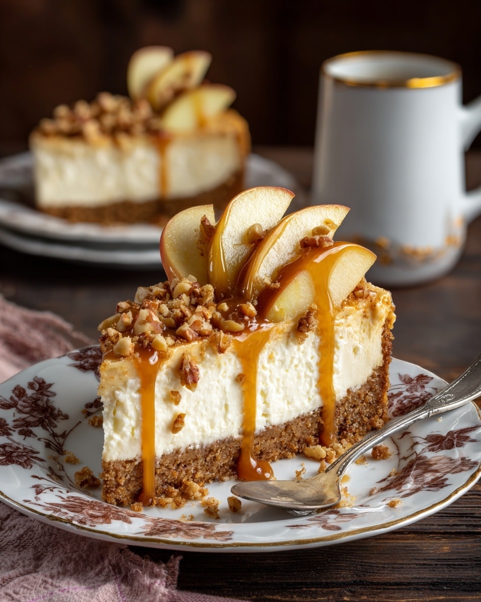 The image shows a slice of cheesecake with three layers: a thick, crumbly brown crust at the bottom, a creamy white middle layer of cheesecake, and a top layer of thin apple slices with a shiny caramel sauce drizzled over them. Pieces of chopped nuts are scattered on the caramel and apples. The slice sits on a white plate with a brown floral pattern, placed on a dark wooden table with a white marbled texture in the background. In the blurred background, there is another slice of the same cheesecake on a plain white plate and a ceramic mug with gold trim. Photo taken with an iphone --ar 4:5 --v 7