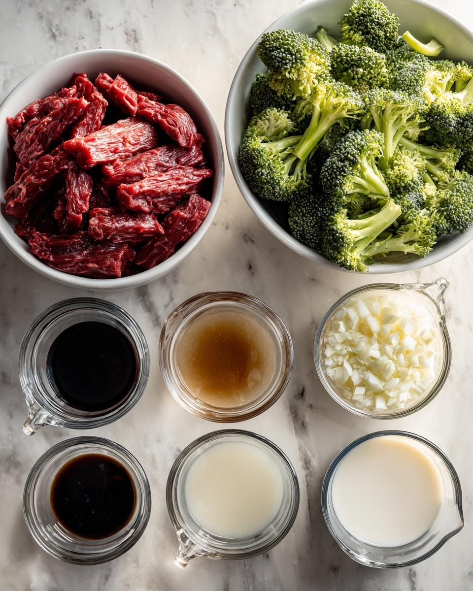 The image shows several ingredients for cooking arranged on a white marbled texture. In the top left, there is a white bowl filled with raw strips of red beef stacked loosely. To the right, a white bowl holds fresh green broccoli florets with different shades of green and a slightly rough texture. Below, there are four clear glass measuring cups lined up in a row, each with a different liquid or chopped items inside. From left to right, the first measures a dark soy sauce, the second a light brown broth, the third a white liquid that looks like milk or coconut milk, and the fourth a white bowl containing chopped white onions topped with minced garlic. The lighting is natural and soft, showing the ingredients clearly. photo taken with an iphone --ar 4:5 --v 7