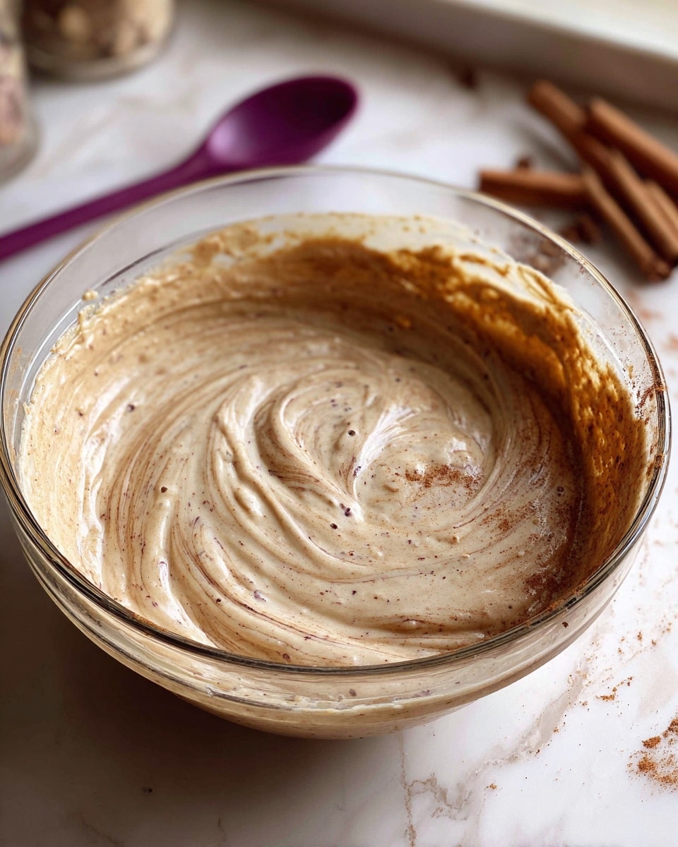 A clear tall round bowl holds a creamy light brown batter mixed with small dark specks, showing a thick and smooth texture with swirls in the middle and some batter stuck along the sides. The background has a white marbled textured surface with blurred cinnamon sticks and a purple spoon visible near the bowl. Photo taken with an iphone --ar 4:5 --v 7